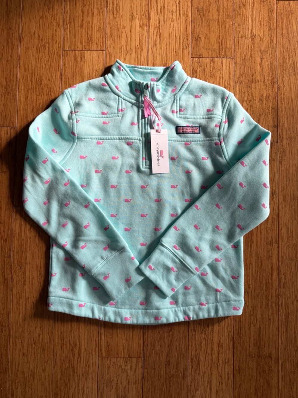 Vineyard Vines Girls Aqua Pullover Fleece with Pink Whale Print